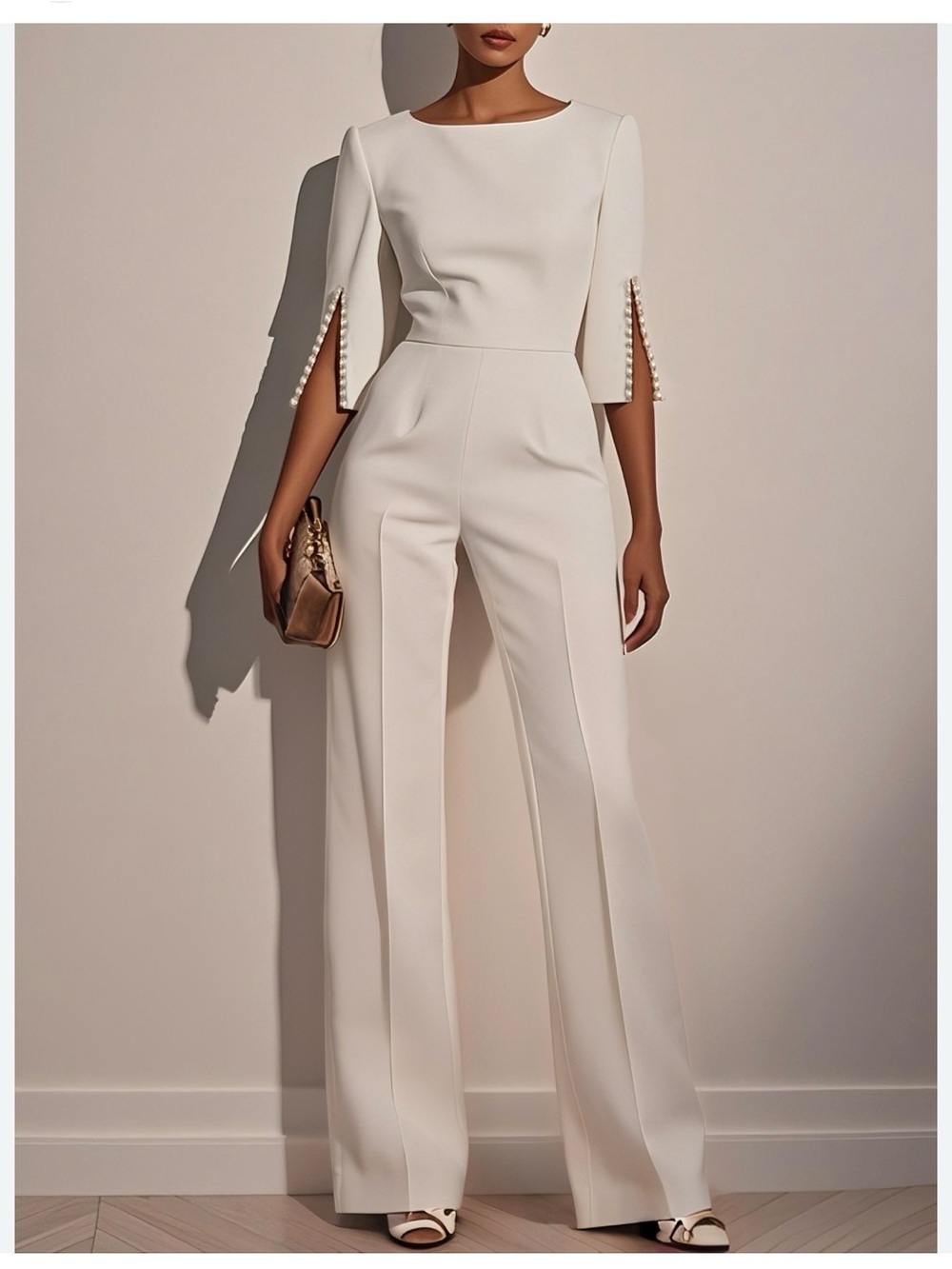 FEHAUTE Women White Faux Pearl Slit Boat Neck Half Sleeve Dressy Jumps uit